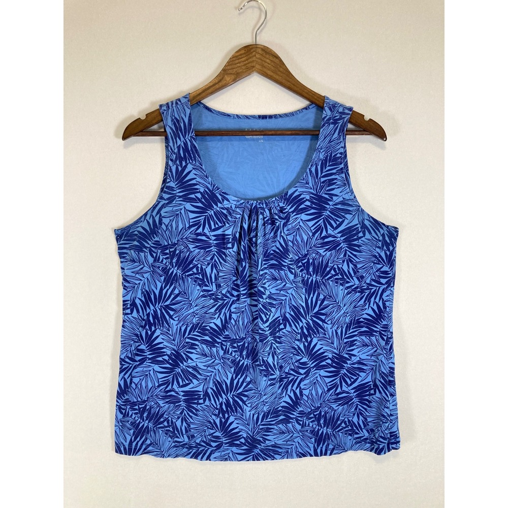 Tropical Coastal Basic Editions Women LG Blue Palm Leaf Pleated Cotton Tank Top